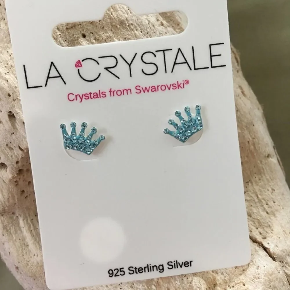Girls Swarovski Sterling Silver Crown Ear Studs